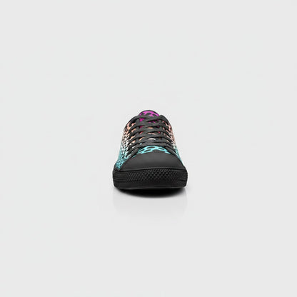 Freaky Shoes® high-top canvas sneakers featuring a vibrant gradient leopard print and black lace-up front view.