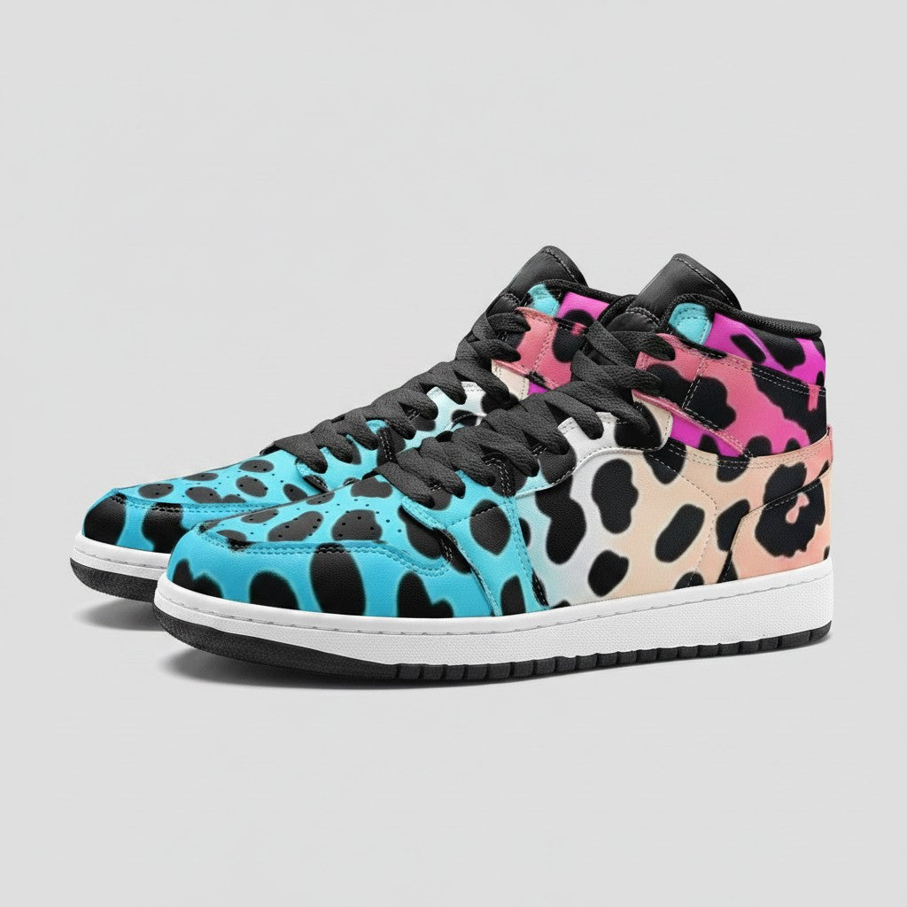 Freaky Shoes® high-top canvas sneakers featuring a vibrant gradient leopard print in blue, peach, and pink.