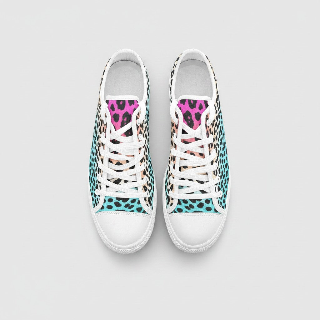 Freaky Shoes® high-top canvas sneakers featuring a vibrant gradient leopard print in pink, orange, and blue.