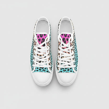 Freaky Shoes® high-top canvas sneakers featuring a vibrant gradient leopard print in pink, orange, and blue.