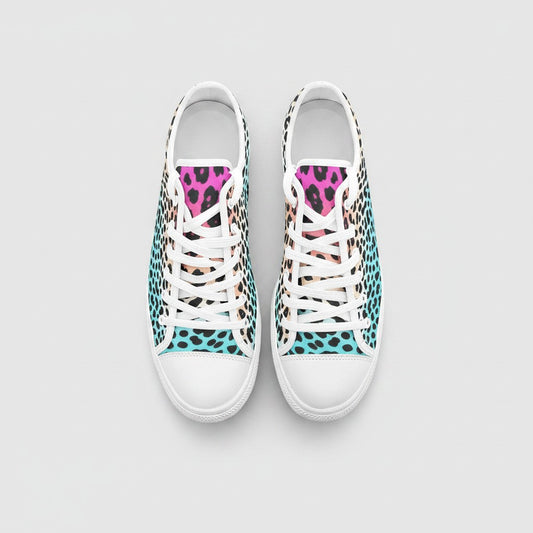 Freaky Shoes® high-top canvas sneakers featuring a vibrant gradient leopard print in pink, orange, and blue.