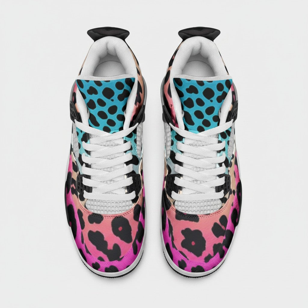 Freaky Shoes® high-top canvas sneakers featuring a vibrant pink to blue gradient leopard print and white laces.