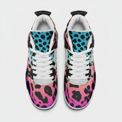 Freaky Shoes® high-top canvas sneakers featuring a vibrant pink to blue gradient leopard print and white laces.