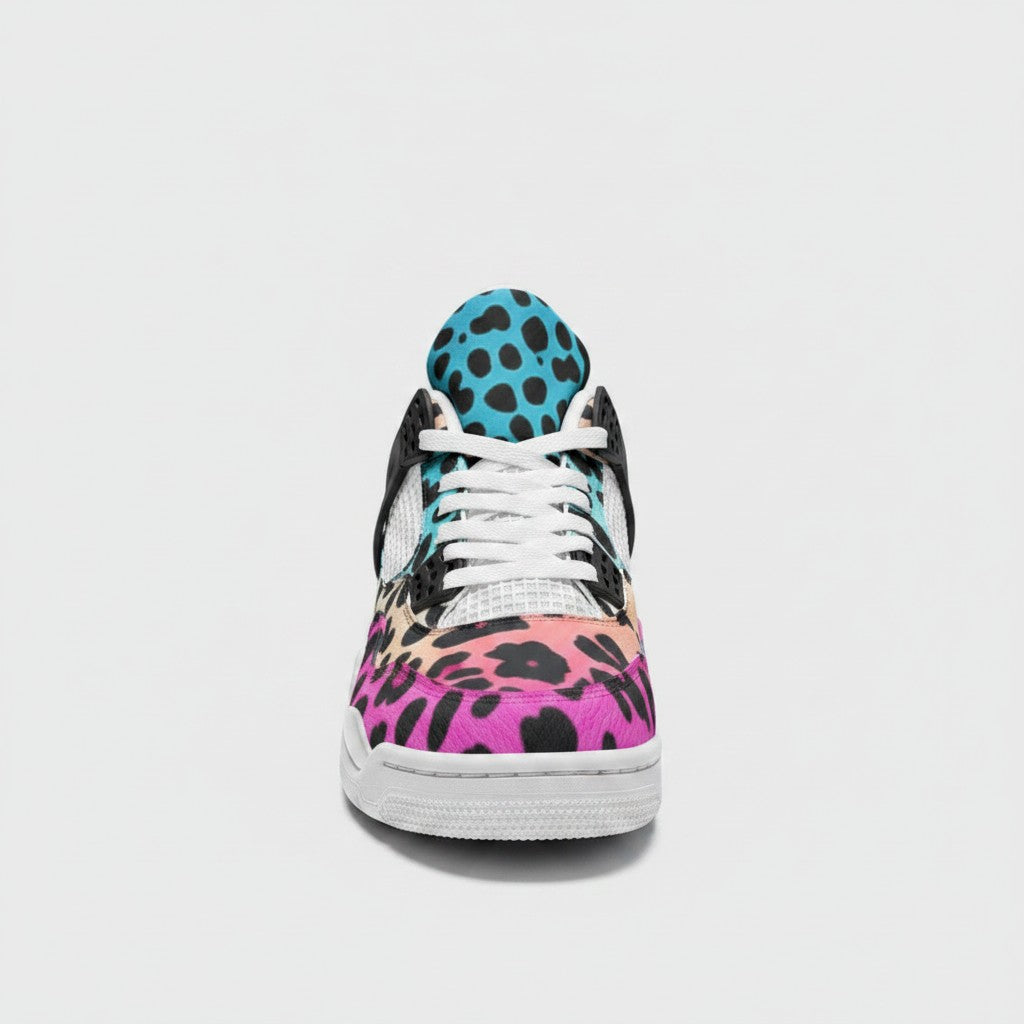 Freaky Shoes® high-top canvas sneakers featuring a vibrant gradient leopard print in blue, orange, and pink.