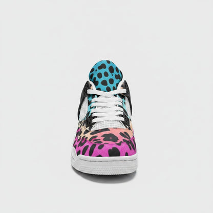 Freaky Shoes® high-top canvas sneakers featuring a vibrant gradient leopard print in blue, orange, and pink.