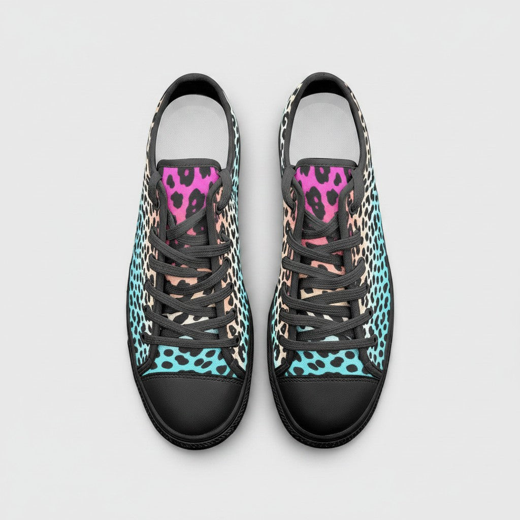 Freaky Shoes® high-top canvas sneakers featuring a vibrant gradient leopard print pattern and black lace-up closure.