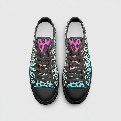Freaky Shoes® high-top canvas sneakers featuring a vibrant gradient leopard print pattern and black lace-up closure.