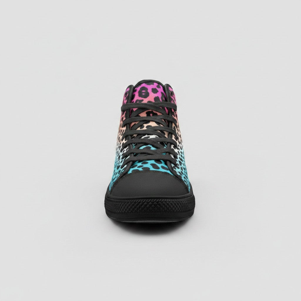 Freaky Shoes® high-top canvas sneakers featuring a vibrant gradient leopard print in pink, orange, and blue.