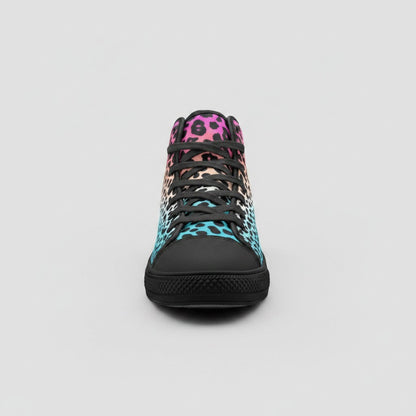 Freaky Shoes® high-top canvas sneakers featuring a vibrant gradient leopard print in pink, orange, and blue.