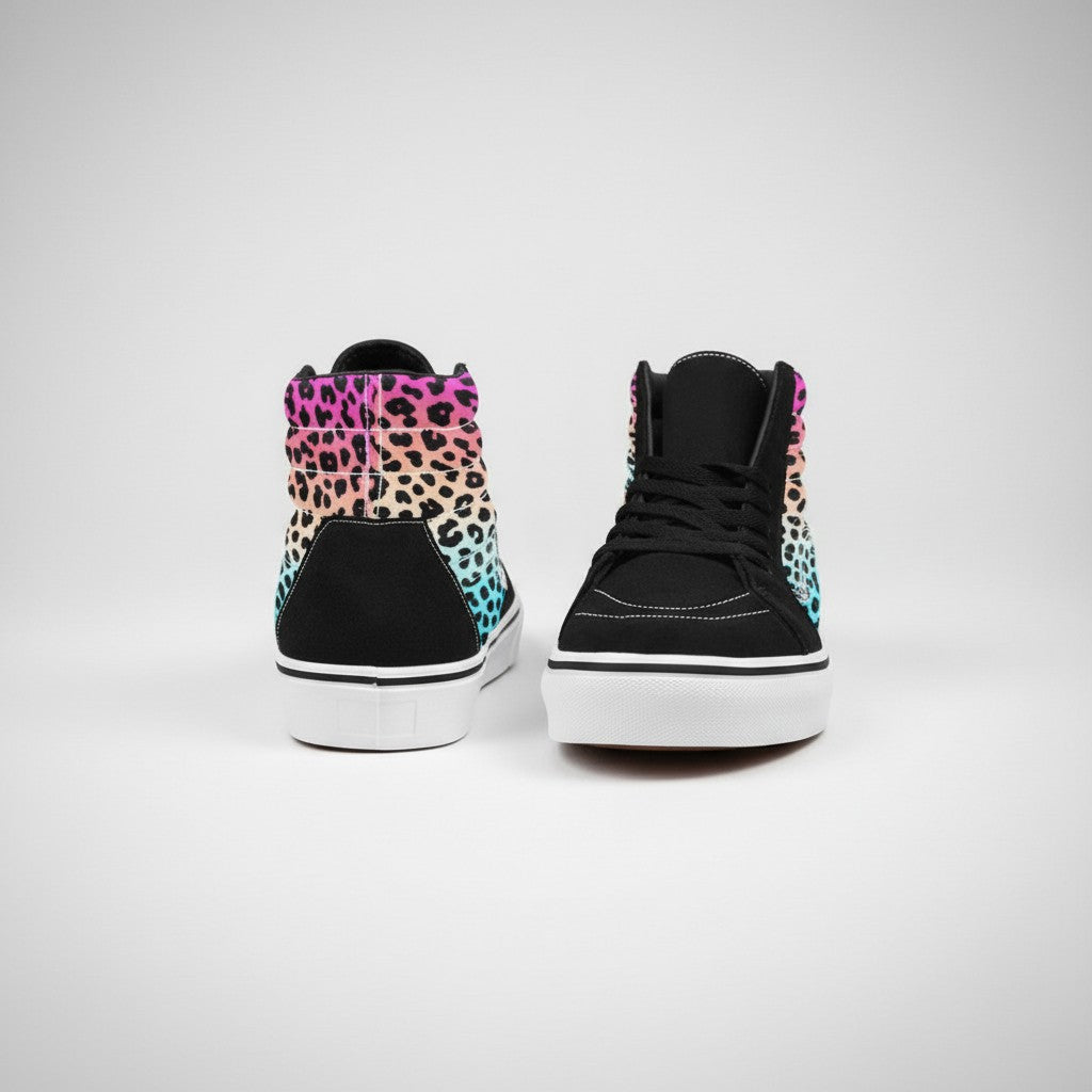 Freaky Shoes® women's high-top canvas skateboarding shoes featuring a vibrant gradient leopard print design.