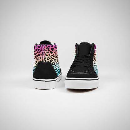 Freaky Shoes® women's high-top canvas skateboarding shoes featuring a vibrant gradient leopard print design.