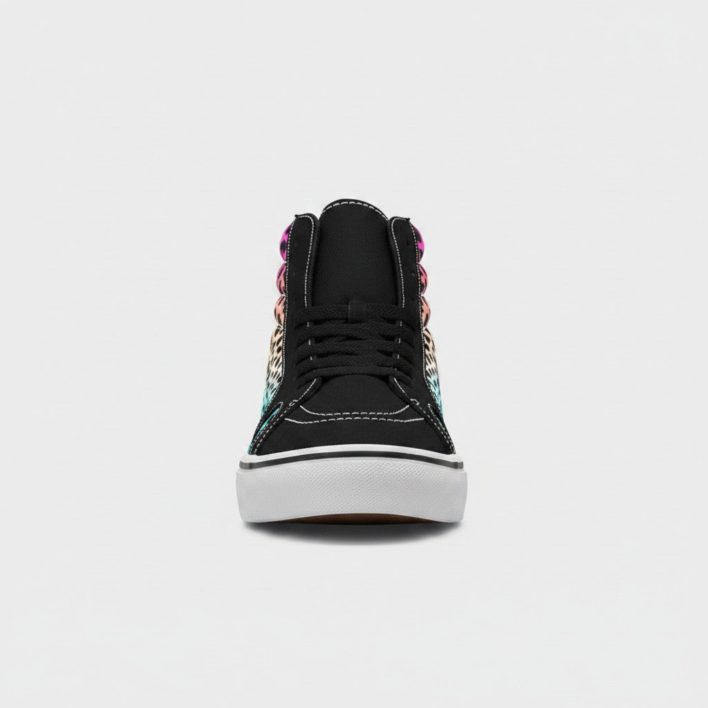 Freaky Shoes® men's high-top canvas skateboarding shoes featuring a gradient leopard print pattern and black laces.