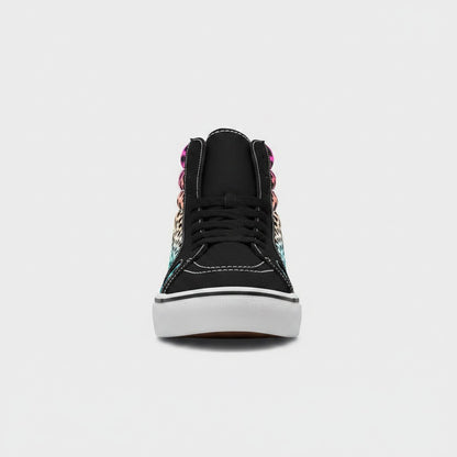 Freaky Shoes® men's high-top canvas skateboarding shoes featuring a gradient leopard print pattern and black laces.