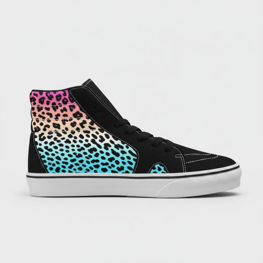 Freaky Shoes® women's high-top canvas skateboarding sneakers featuring a vibrant pink to blue gradient leopard print.