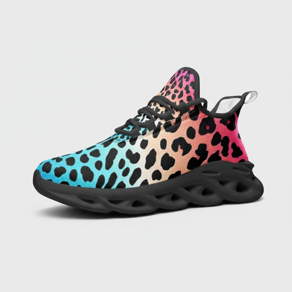 Freaky Shoes® high-top canvas sneakers featuring a vibrant blue-to-pink gradient leopard print and black EVA sole.