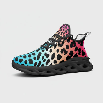 Freaky Shoes® high-top canvas sneakers featuring a vibrant blue-to-pink gradient leopard print and black EVA sole.