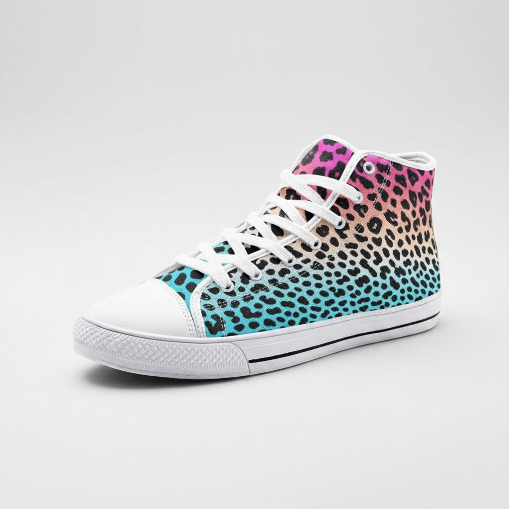 Freaky Shoes® high-top canvas sneakers featuring a vibrant pink to blue gradient leopard print and white laces.