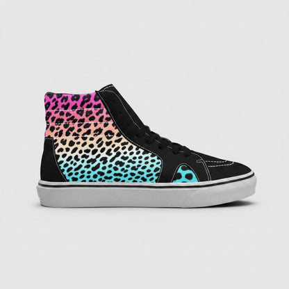 Freaky Shoes® high-top canvas skateboarding sneakers featuring a vibrant pink to blue gradient leopard print pattern.
