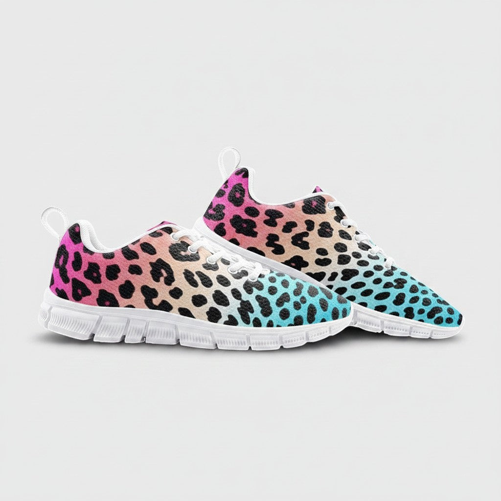 Freaky Shoes® high-top canvas sneakers featuring a vibrant pink, orange, and blue gradient leopard print pattern.