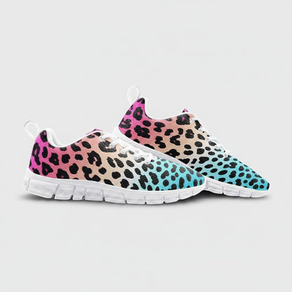 Freaky Shoes® high-top canvas sneakers featuring a vibrant pink, orange, and blue gradient leopard print pattern.