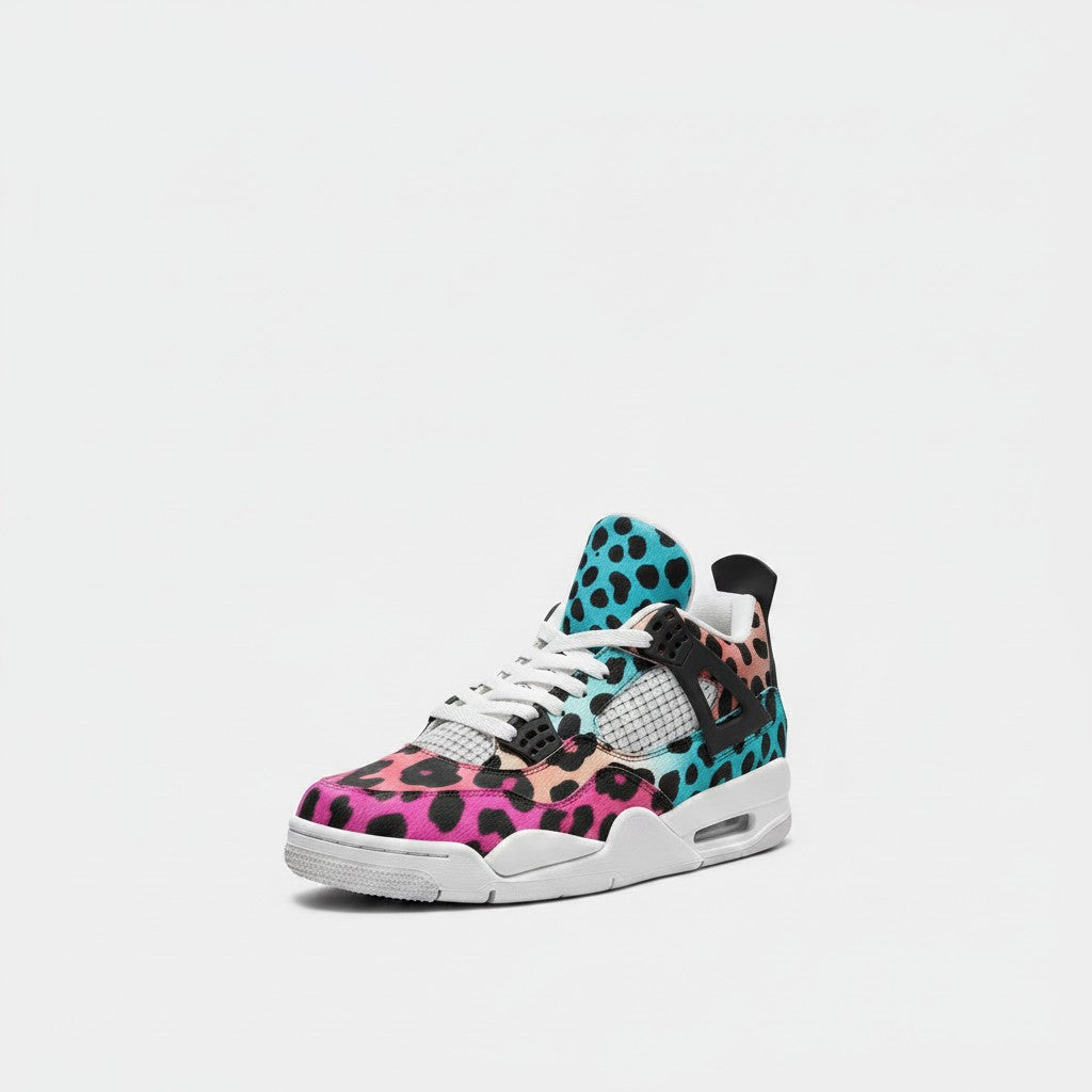 Freaky Shoes® high-top canvas sneakers featuring a vibrant gradient leopard print pattern and white rubber sole.