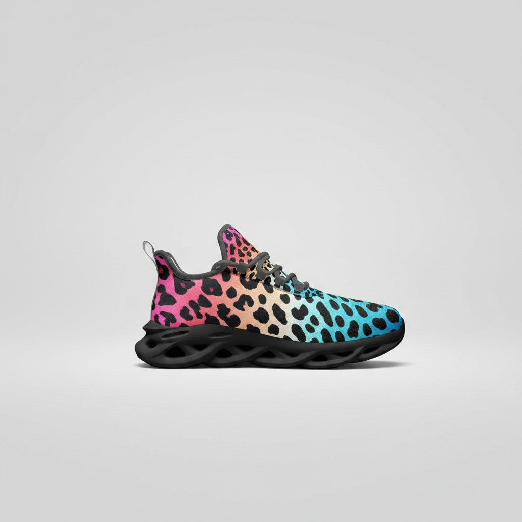 Freaky Shoes® high-top canvas sneakers featuring a vibrant pink to blue gradient leopard print and black EVA sole.