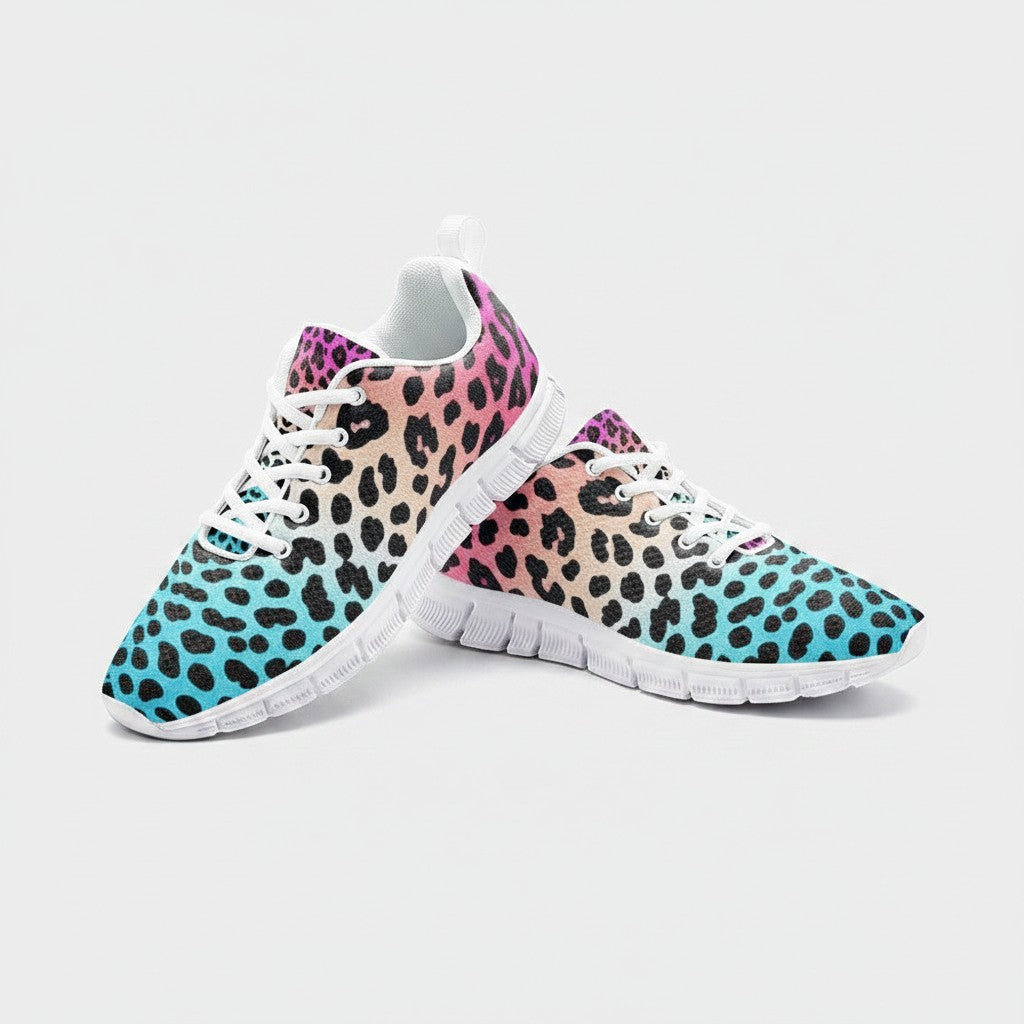 Freaky Shoes® high-top canvas sneakers featuring a vibrant gradient leopard print in pink, orange, and blue.