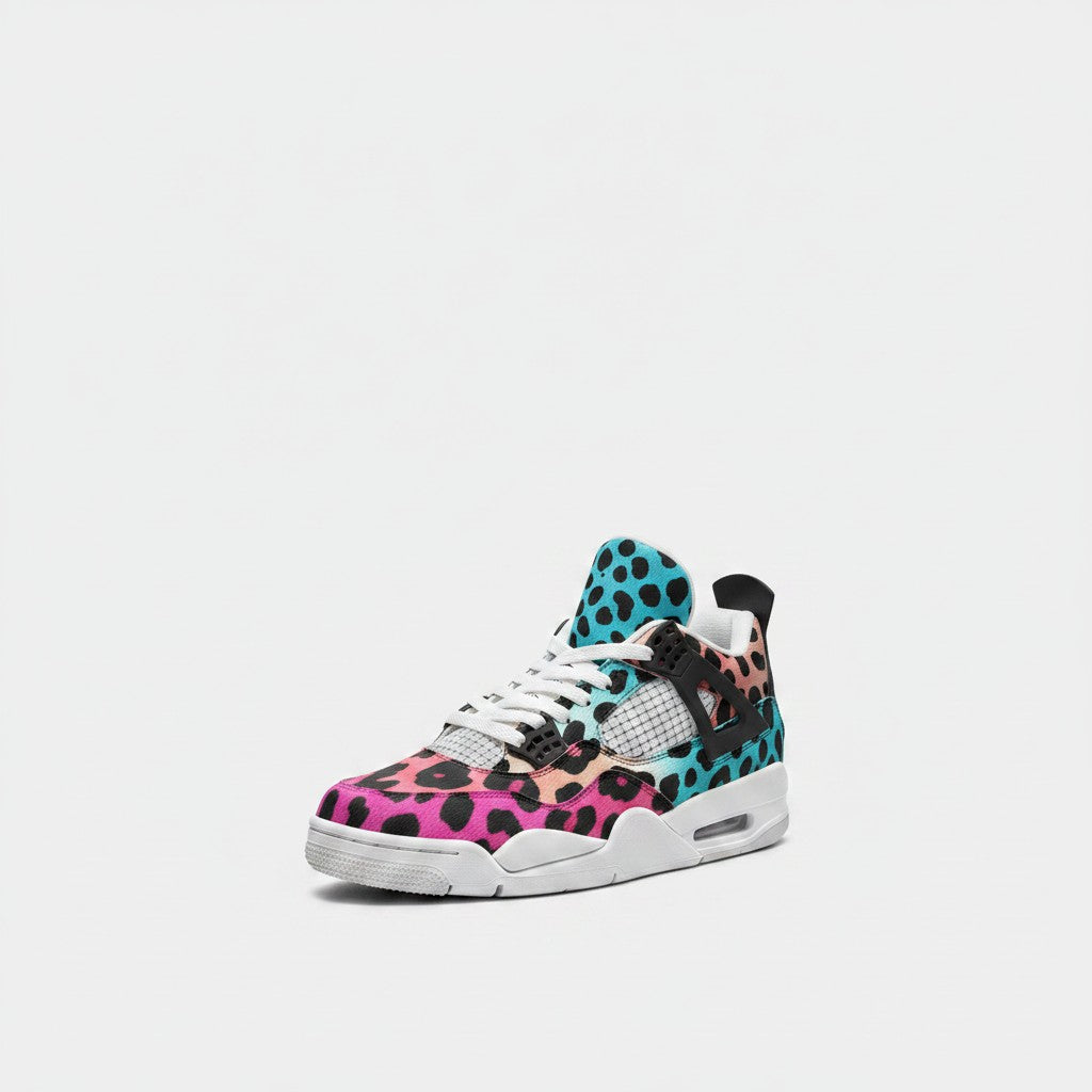 Freaky Shoes® high-top canvas sneakers featuring a vibrant gradient leopard print in pink, orange, and blue.