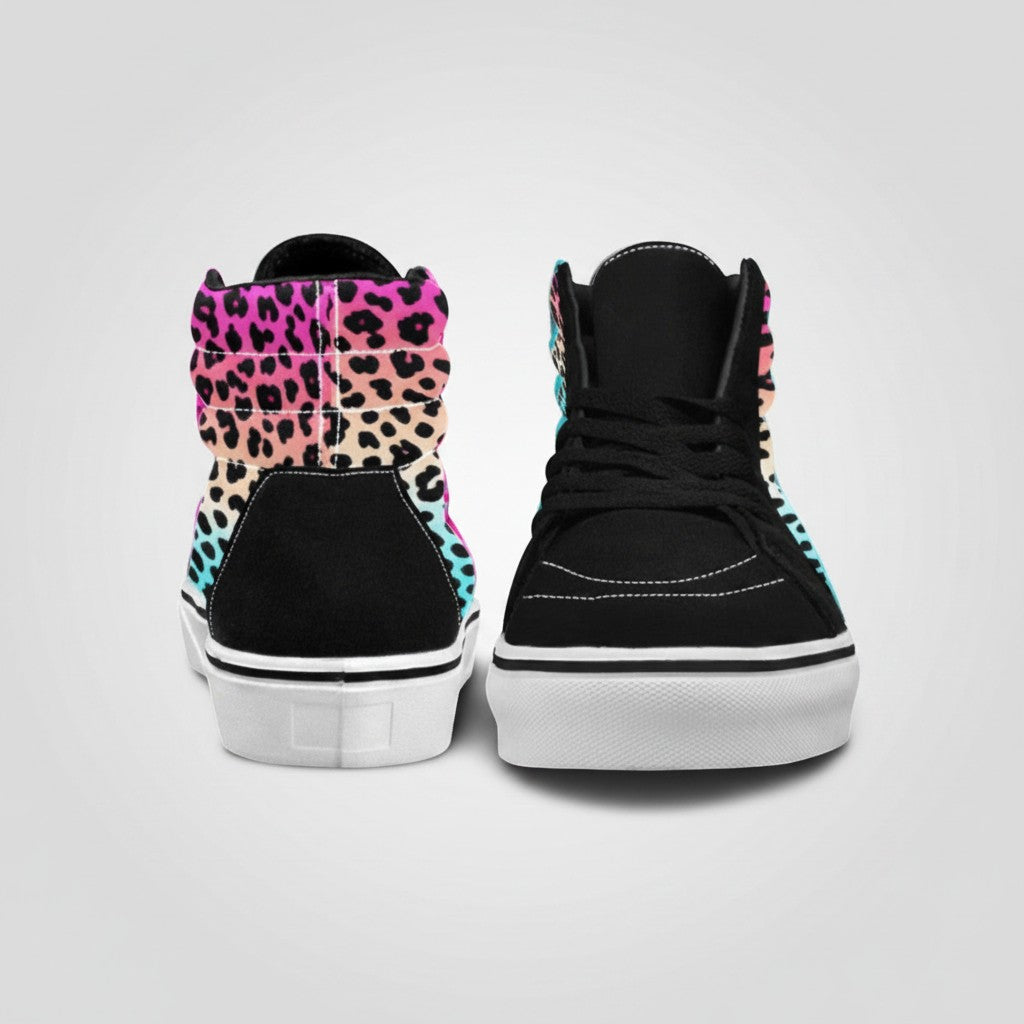 Freaky Shoes® men's high-top canvas skateboarding sneakers featuring a vibrant gradient leopard print and black accents.