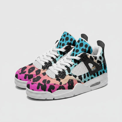 Freaky Shoes® high-top canvas sneakers featuring a vibrant gradient leopard print in pink, blue, and black.