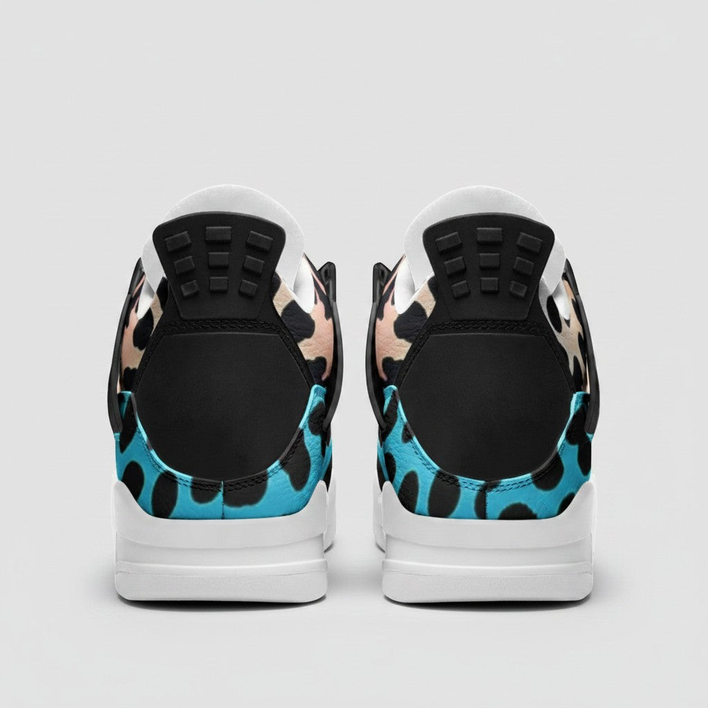 Rear view of Freaky Shoes® high-top canvas sneakers featuring a vibrant blue and black gradient leopard print pattern.