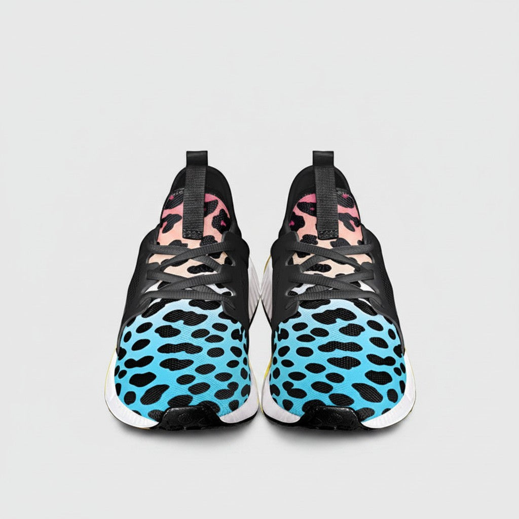 Freaky Shoes® high-top canvas sneakers featuring a vibrant blue to pink gradient leopard print and black lace-up design.