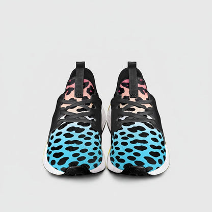 Freaky Shoes® high-top canvas sneakers featuring a vibrant blue to pink gradient leopard print and black lace-up design.