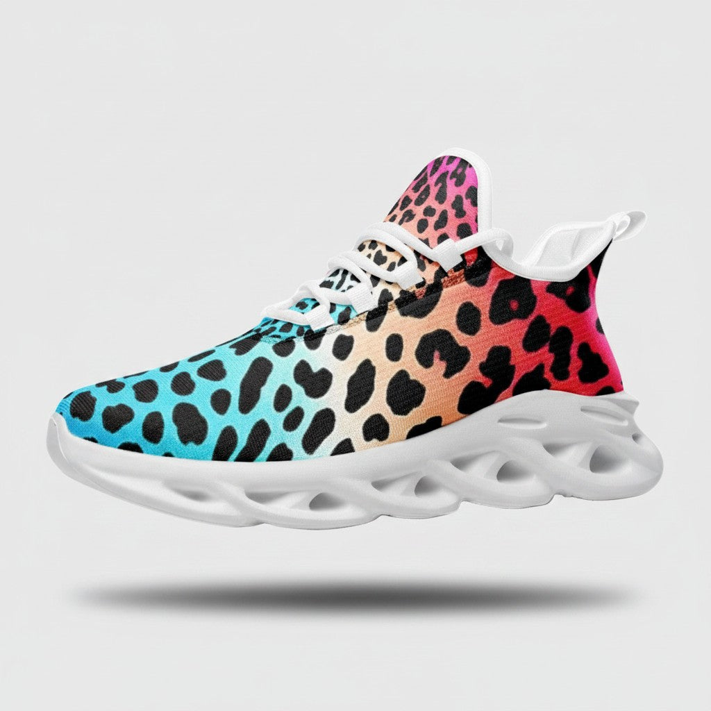 Freaky Shoes® high-top canvas sneakers featuring a vibrant gradient leopard print in blue, orange, and pink.