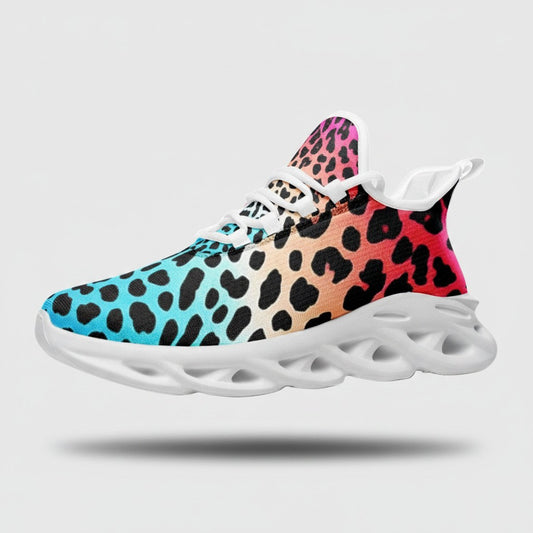 Freaky Shoes® high-top canvas sneakers featuring a vibrant gradient leopard print in blue, orange, and pink.