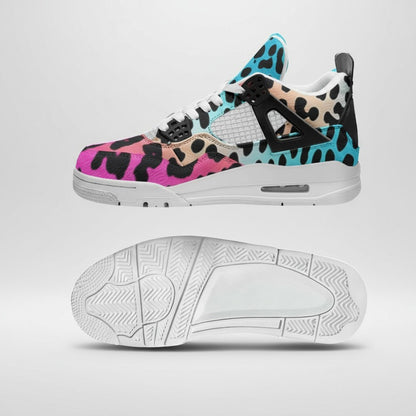Freaky Shoes® high-top canvas sneakers featuring a vibrant gradient leopard print and white rubber outsoles.