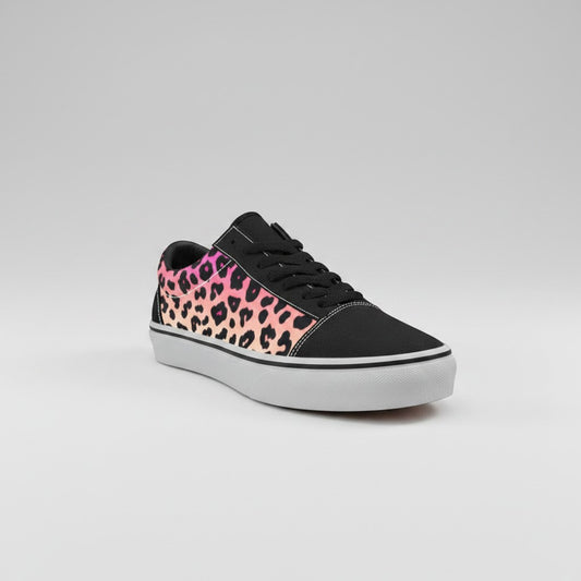 Freaky Shoes® men's low-top canvas skateboarding sneakers featuring a pink and orange gradient leopard print design.