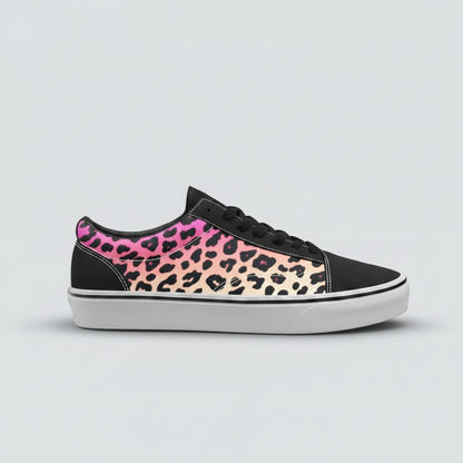 Freaky Shoes® men's low-top canvas skateboarding sneakers featuring a pink and orange gradient leopard print design.