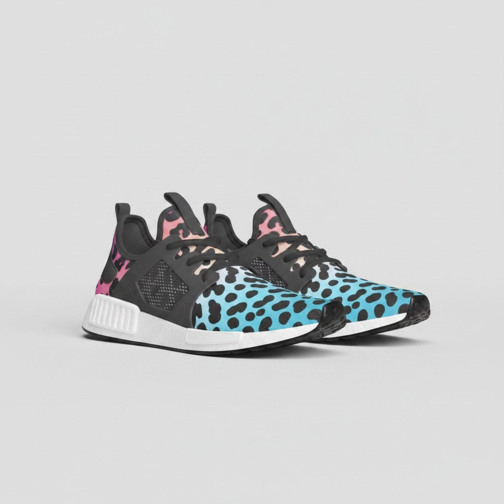 Freaky Shoes® gradient leopard print sneakers featuring blue and pink animal patterns on breathable mesh fabric.