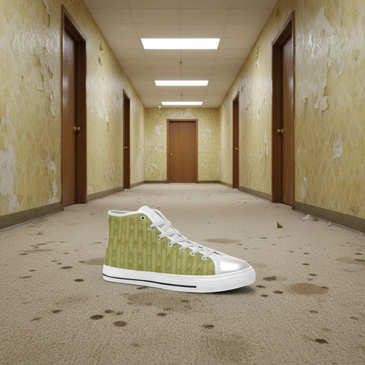 Freaky Shoes® women's light green canvas high top sneakers with a repeating geometric pattern and white laces.