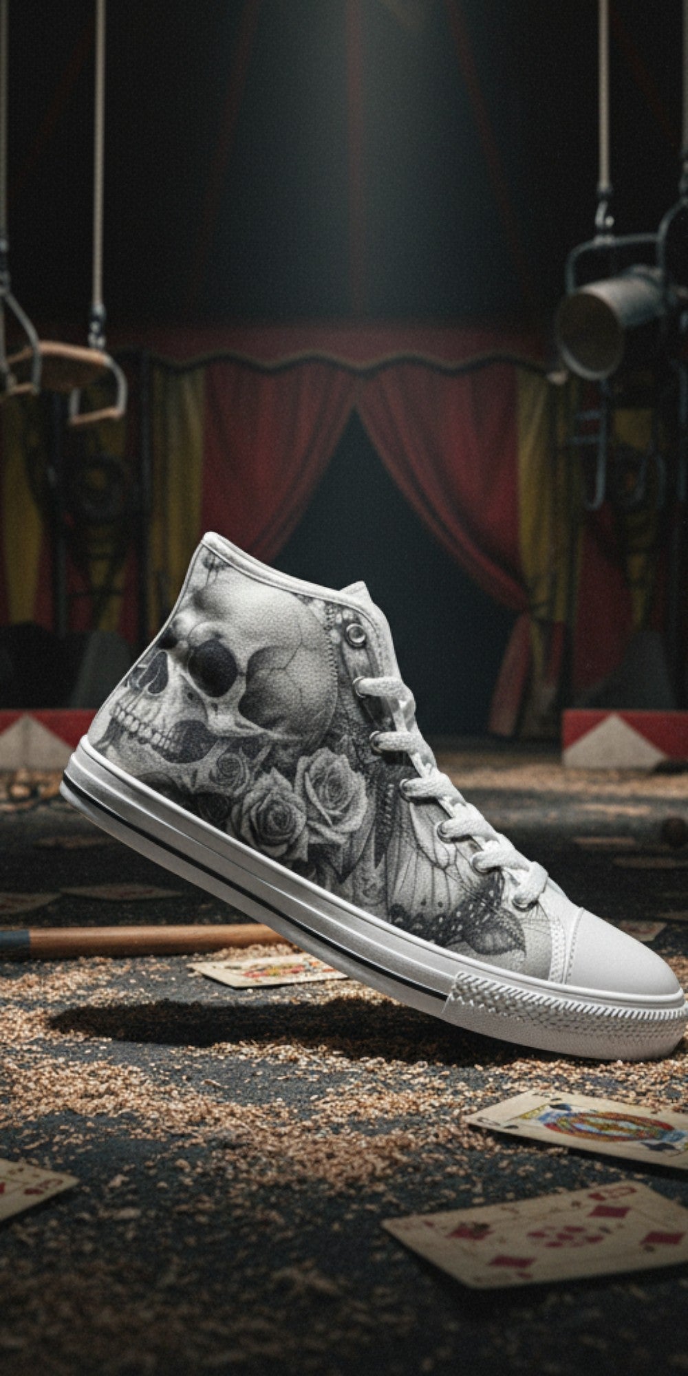Women's Grey Moon Skull Goth Dark high-top canvas shoes, custom full-wrap printed design — Freaky Shoes