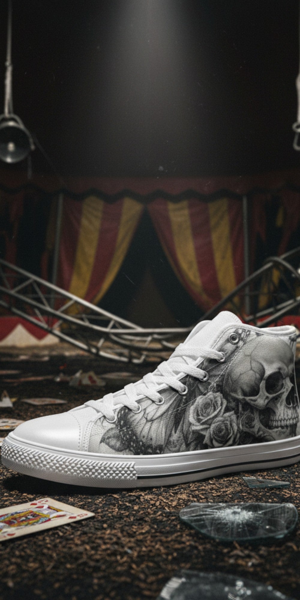 Women's Grey Moon Skull Goth Dark high-top canvas shoes — one-of-a-kind custom printed art, Freaky Shoes