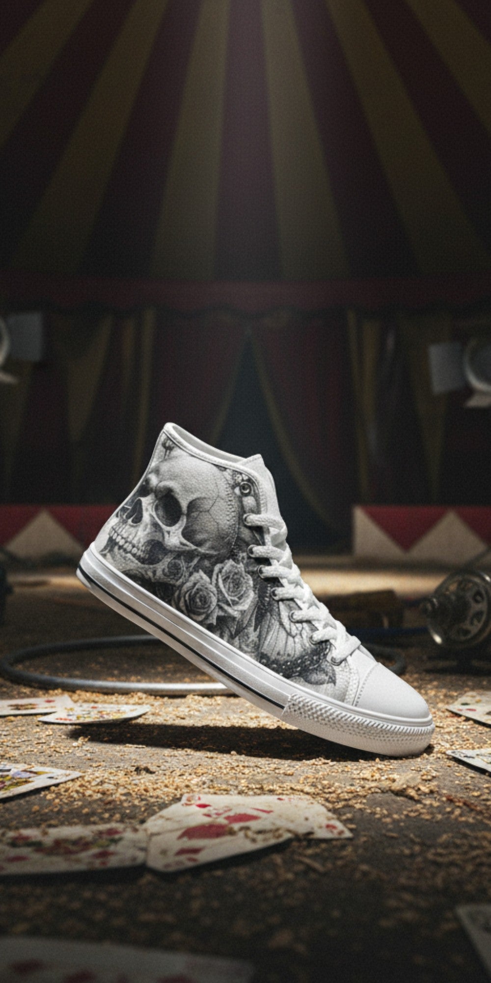 Custom Women's Grey Moon Skull Goth Dark high-top canvas shoes with bold all-over art — Freaky Shoes