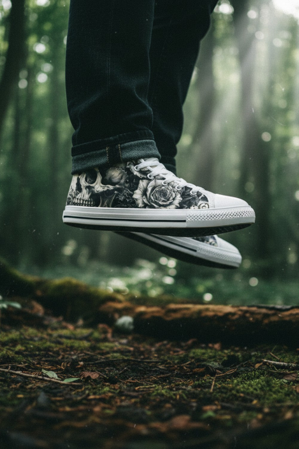Freaky Shoes® grey canvas high top sneakers featuring a gothic skull and rose print, worn in a forest setting.
