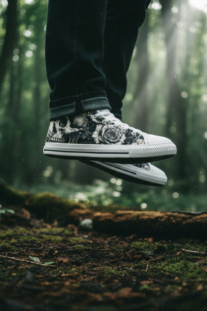 Freaky Shoes® grey canvas high top sneakers featuring a gothic skull and rose print, worn in a forest setting.