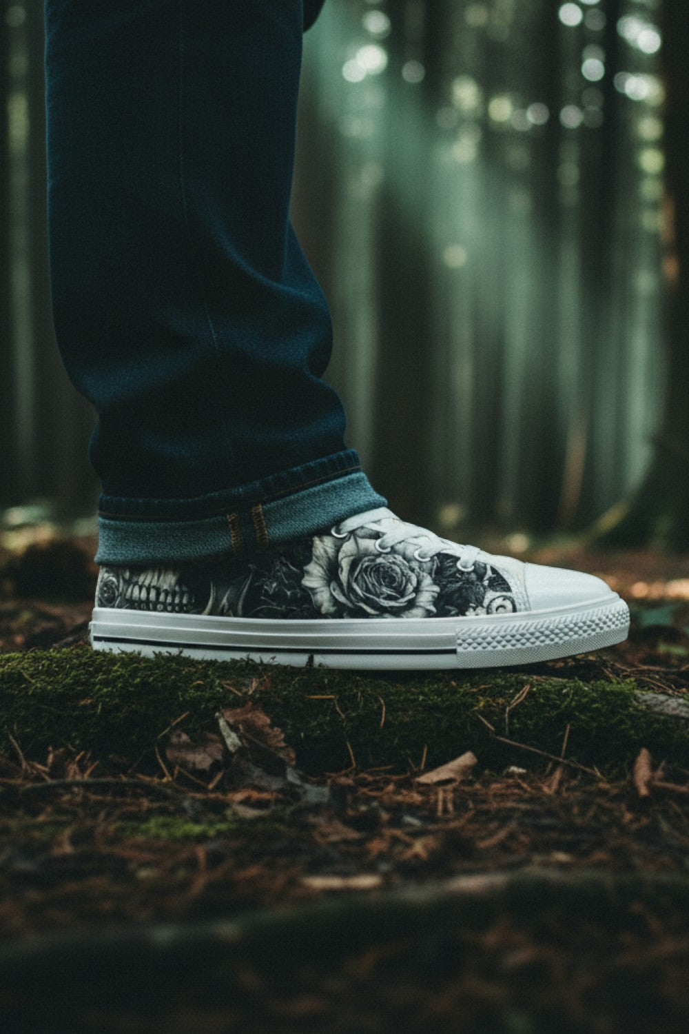 Freaky Shoes® grey rose and skull print high top canvas sneakers worn in a moody forest setting.