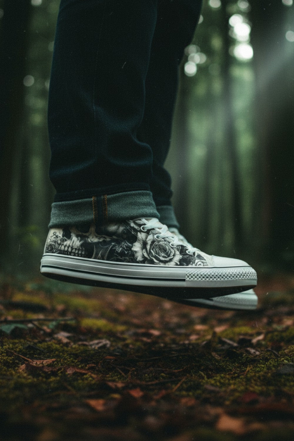Freaky Shoes® grey skull and rose print canvas high top sneakers worn in a moody forest setting.