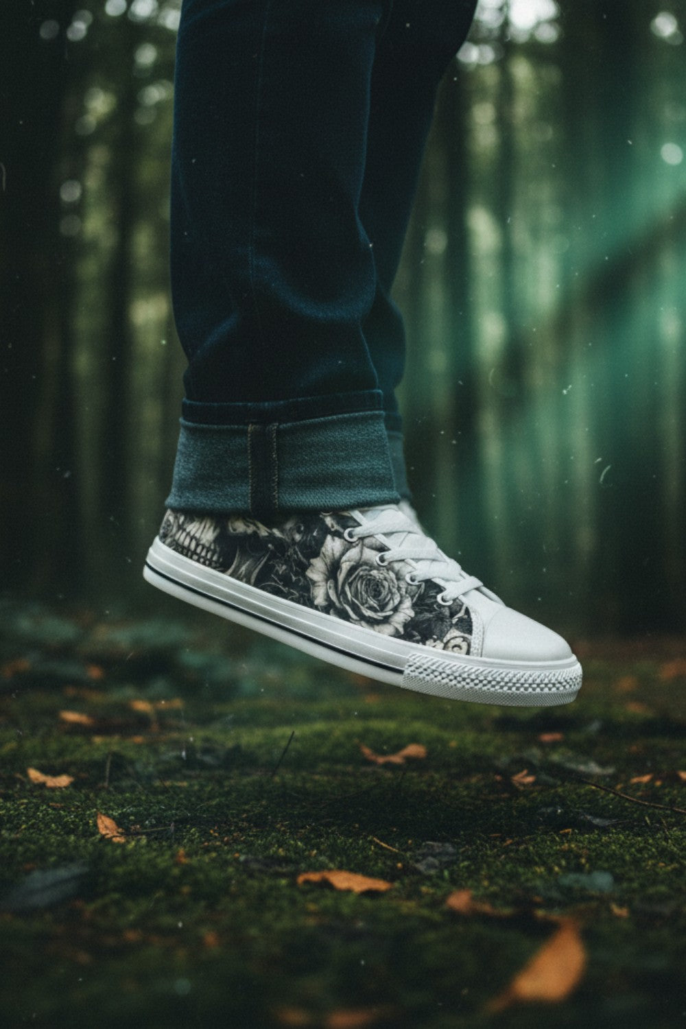 Freaky Shoes® grey rose and skull print high top canvas sneakers worn in a moody forest setting.