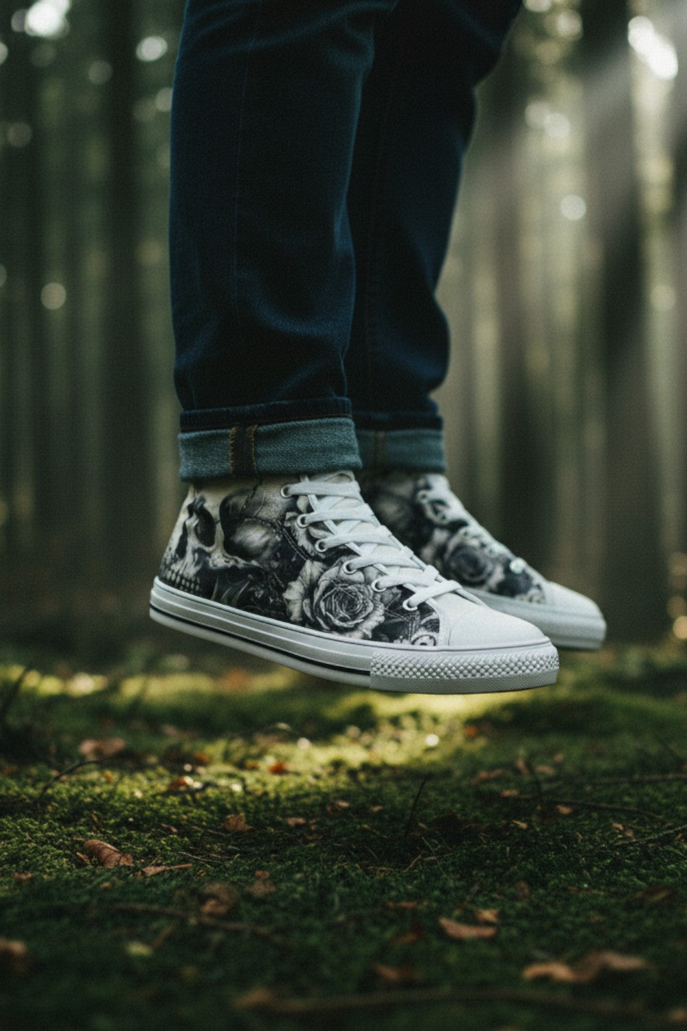 Freaky Shoes® grey rose and skull print high top canvas sneakers worn with jeans in a misty forest setting.