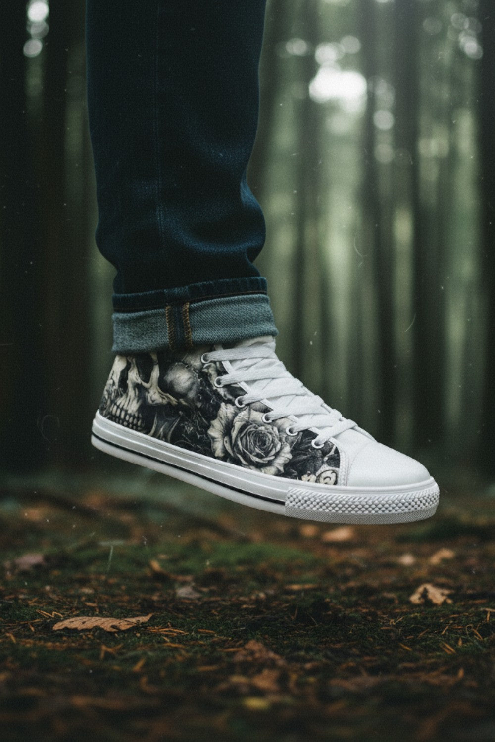 Freaky Shoes® grey rose and skull print high top canvas sneakers worn in a dark forest setting.